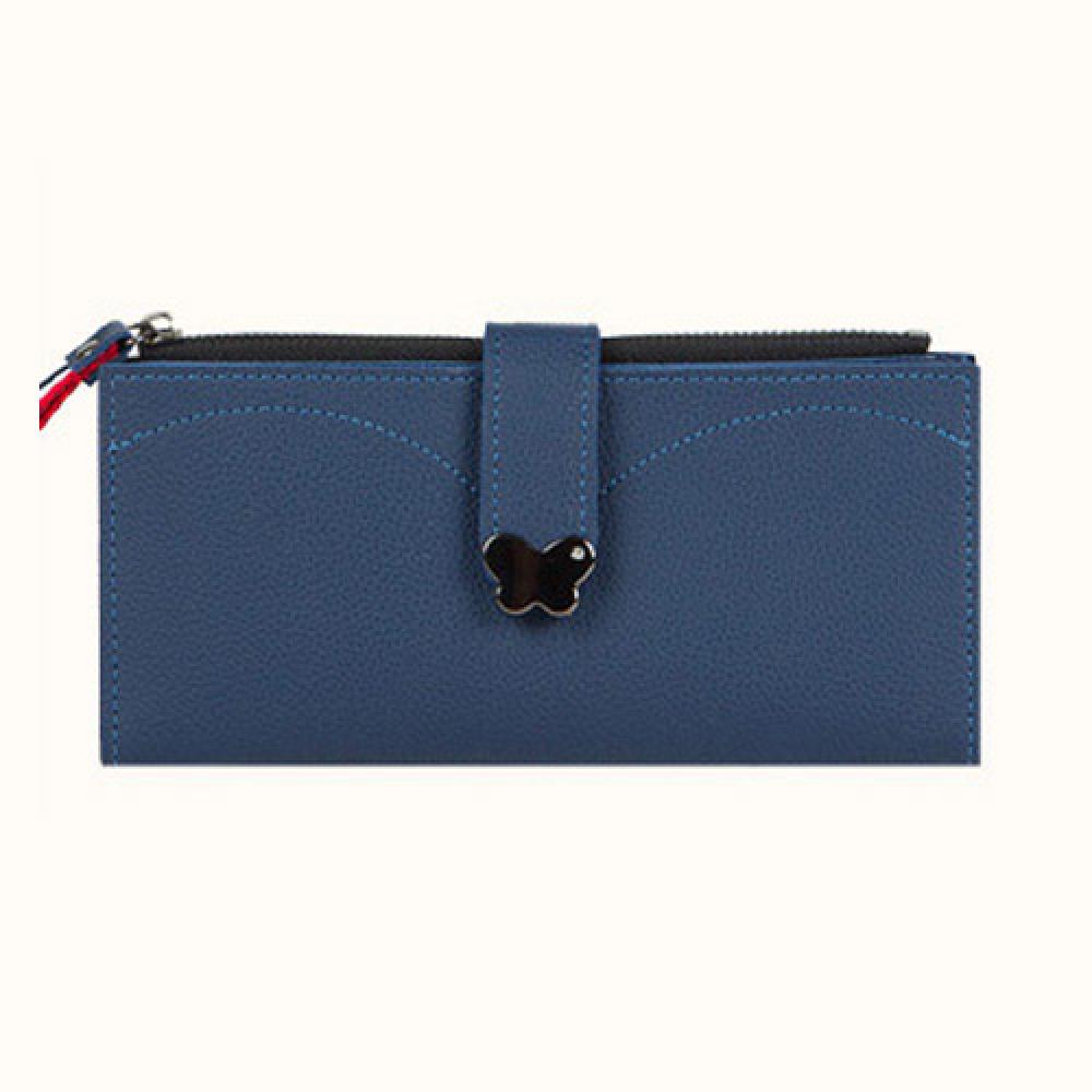 Butterfly decorated Korea lady women long slim wallet(Blue)