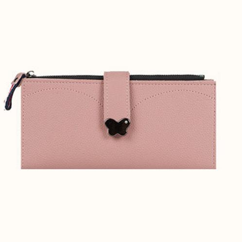 Butterfly decorated Korea lady women long slim wallet(Pink)