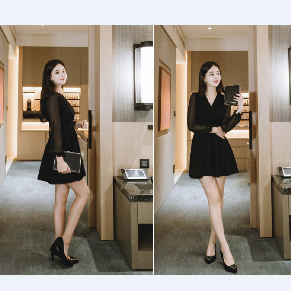 op4084 feminine silhouette chiffon sleeve span flare wrap dress