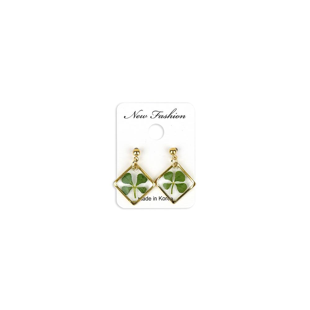 Resin Craft Earring with Four Leaf Clover Dangle Real Lucky Clover Ear Rings - Square Type