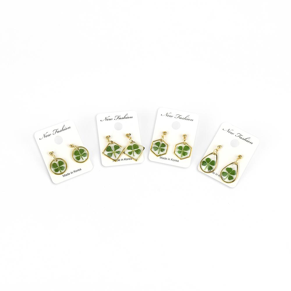 Resin Craft Earring with Four Leaf Clover Dangle Real Lucky Clover Ear Rings - Square Type