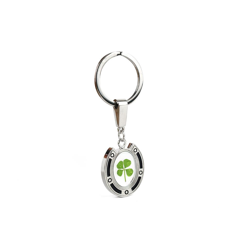Clover Keyring - Fancy Resin Craft Art Pressed Real Four Leaf Clover Key Chain - Black Round Shape