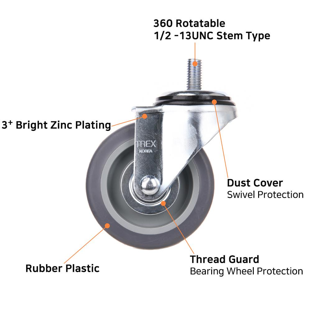 Easy Install, 4inch Heavy Duty Casters, All Swivel 1/2-13UNC1 Stem Caster with  Rubber Plastic Wheel
