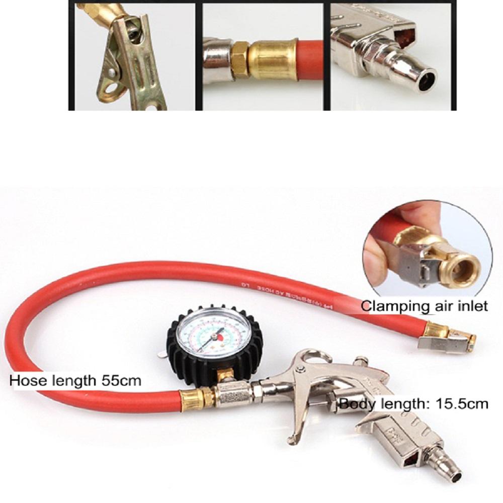 Gun Type Tire Air Pressure Guage 220 Psi Dial Meter Inflating Flexible Hose